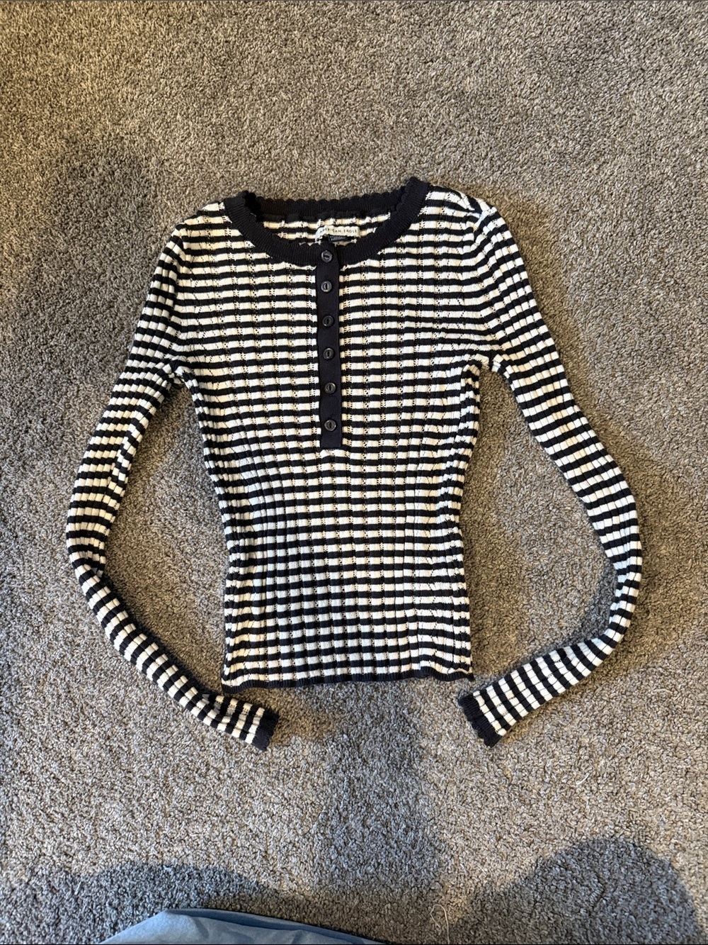 American Eagle Outfitters Black and White Striped Ribbed Henley Long Sleeve